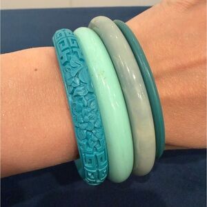 4 Vintage Aqua & Green Plastic Bangles | Retro Stack Bracelet Set